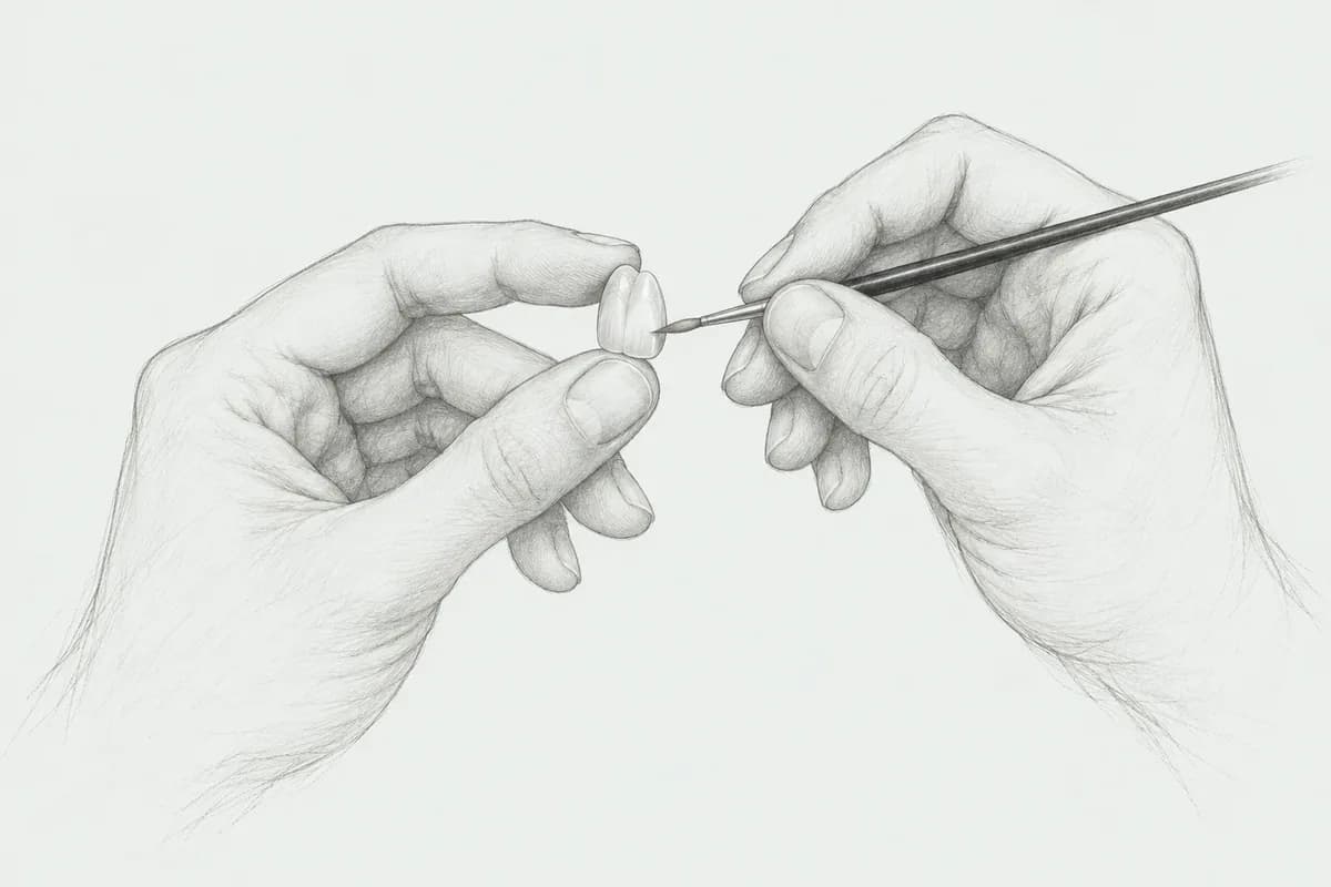 Ilustrace rukou zubního technika při jemném zpracování keramické korunky.